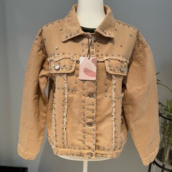 NEW APA Denim Studded Boyfriend Frayed Trucker Oversized Utility Jacket Khaki … - Picture 6 of 11